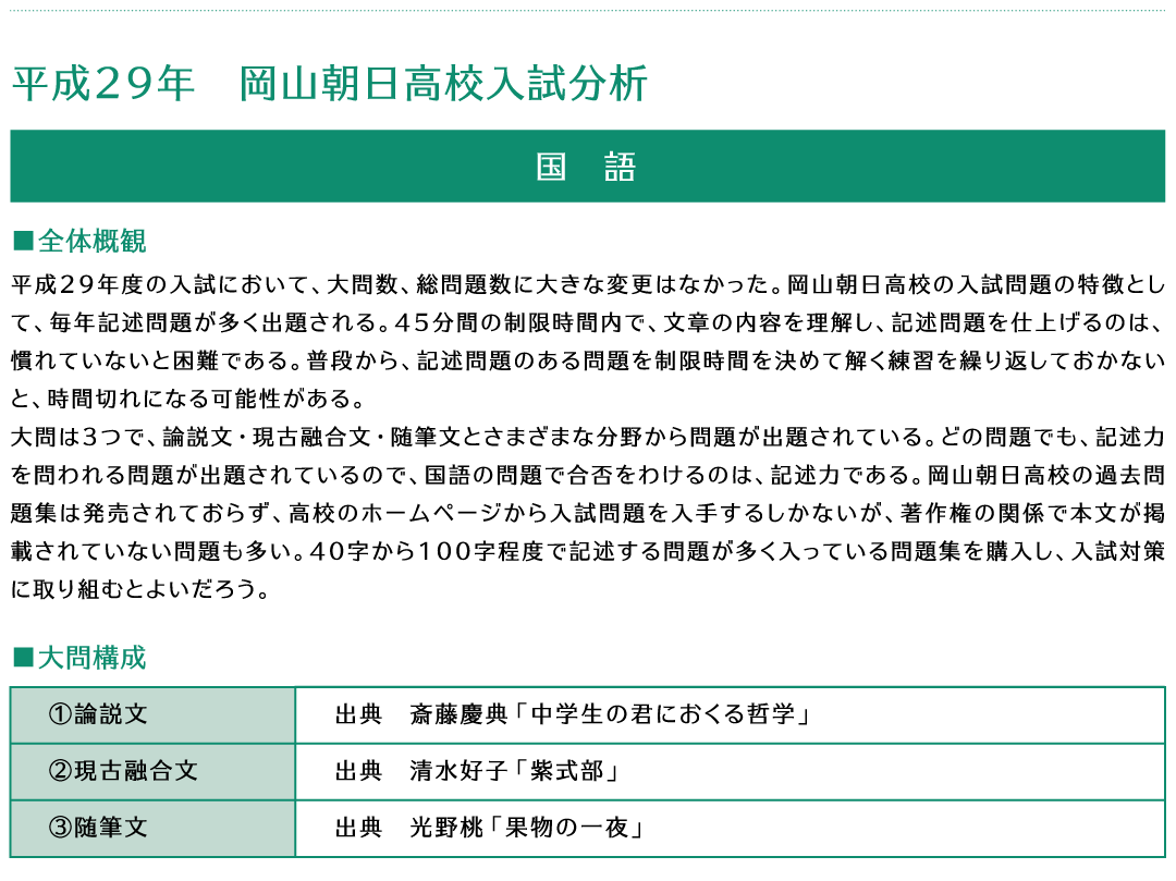 平成29年岡山朝日高校入試分析国語