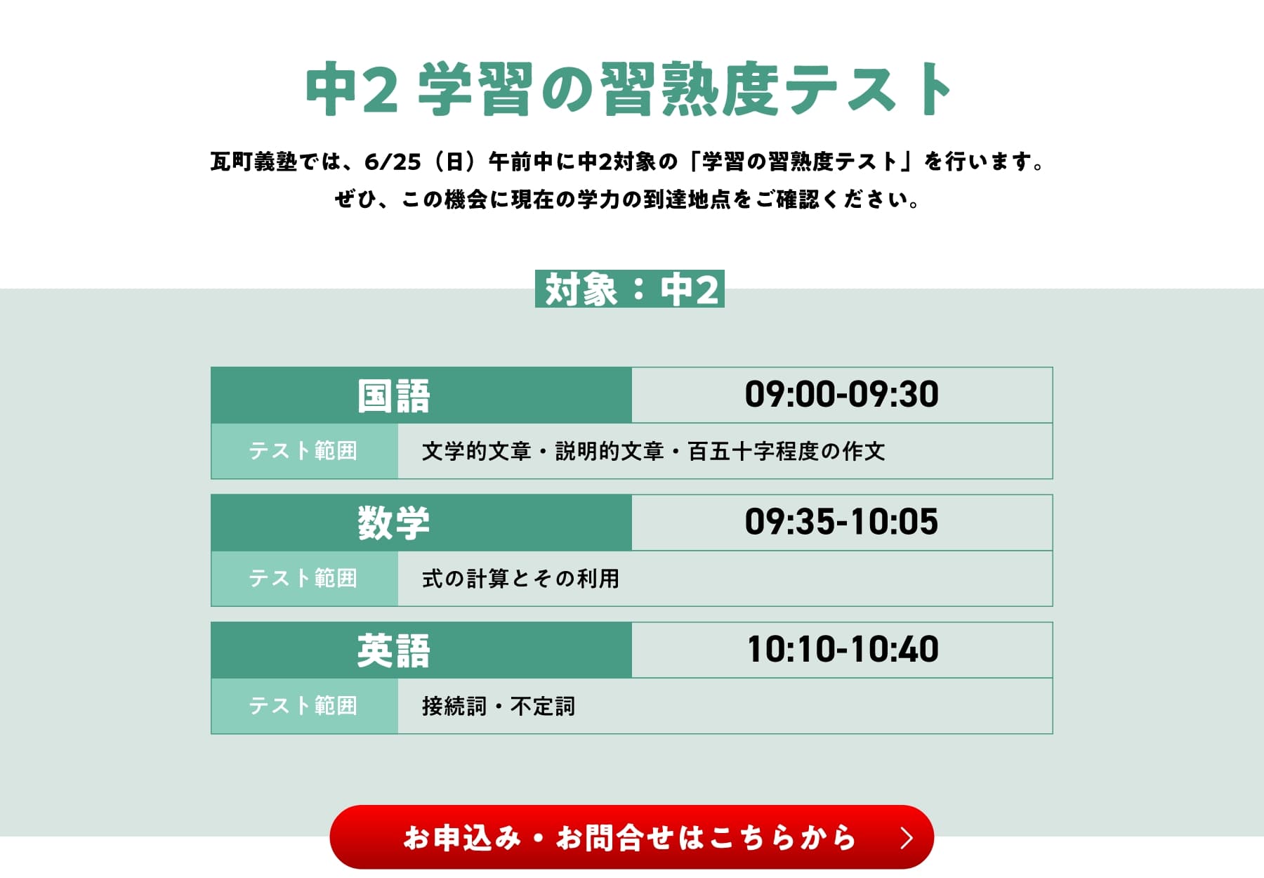 中2 学習の習熟度テスト