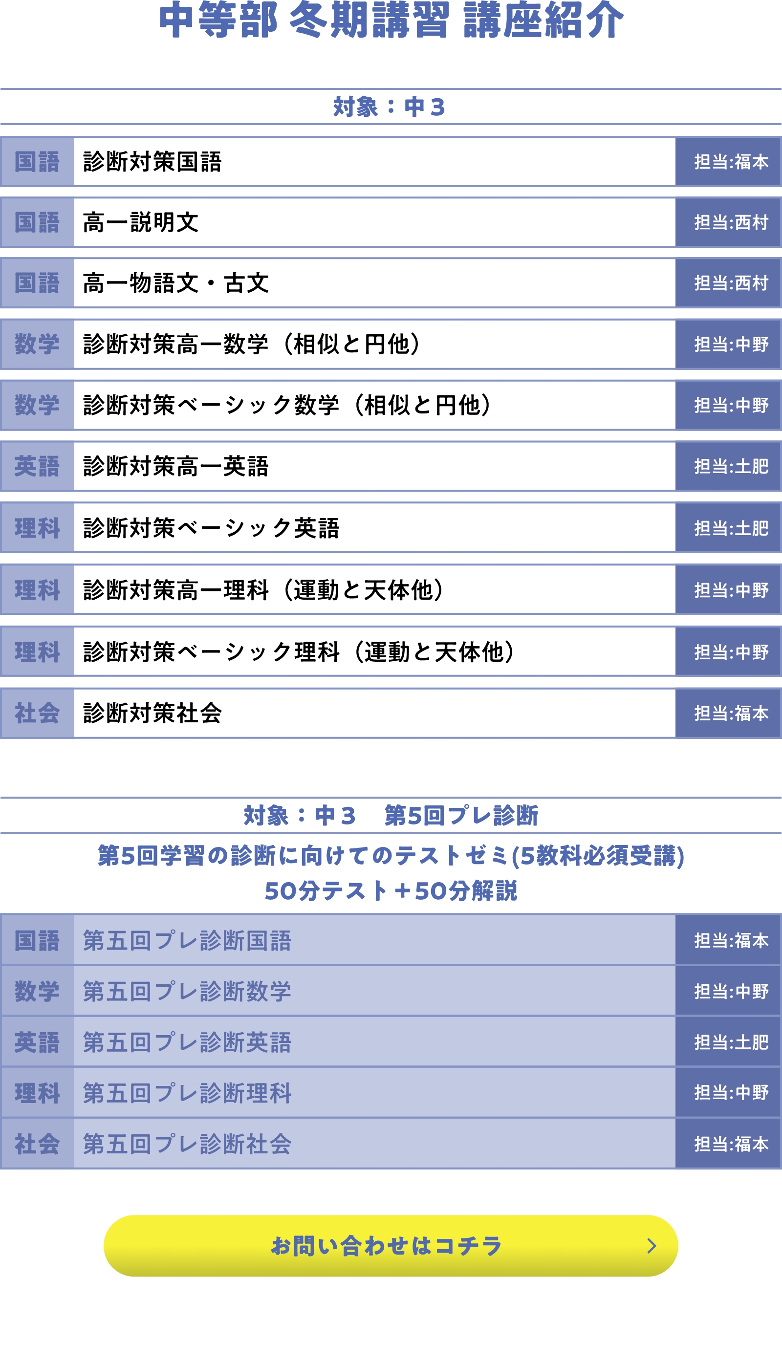 中等部 冬期講習 講座紹介